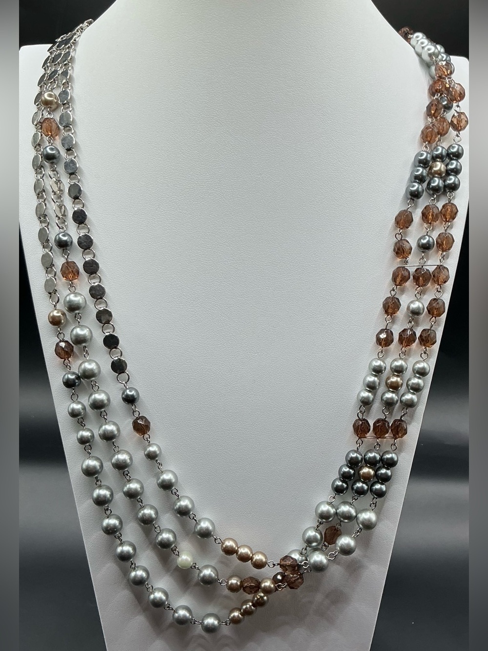 CHICO’S SILVER TONE AND BROWN MULTI STRAND BEADED NECKLACE